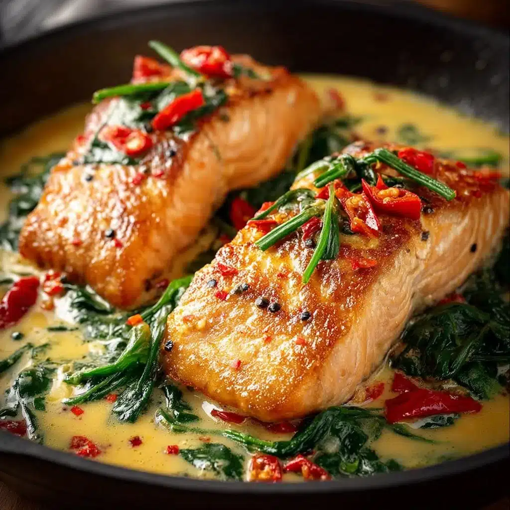 Creamy spinach and roasted red pepper salmon served on a plate
