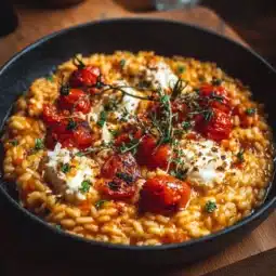 Creamy tomato mozzarella risotto served in a bowl with fresh basil garnish