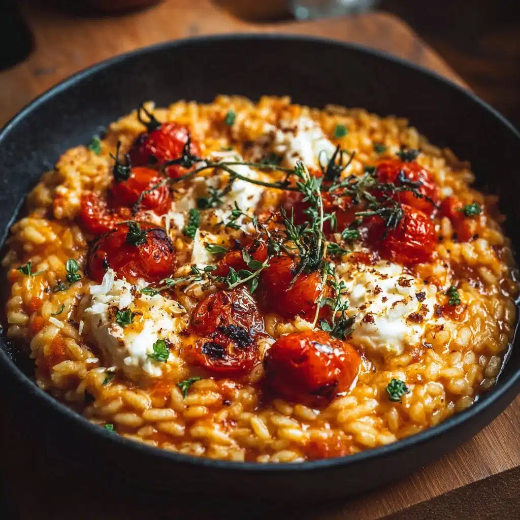 Creamy tomato mozzarella risotto served in a bowl with fresh basil garnish