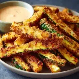 Crispy baked keto zucchini fries served on a plate with dipping sauce