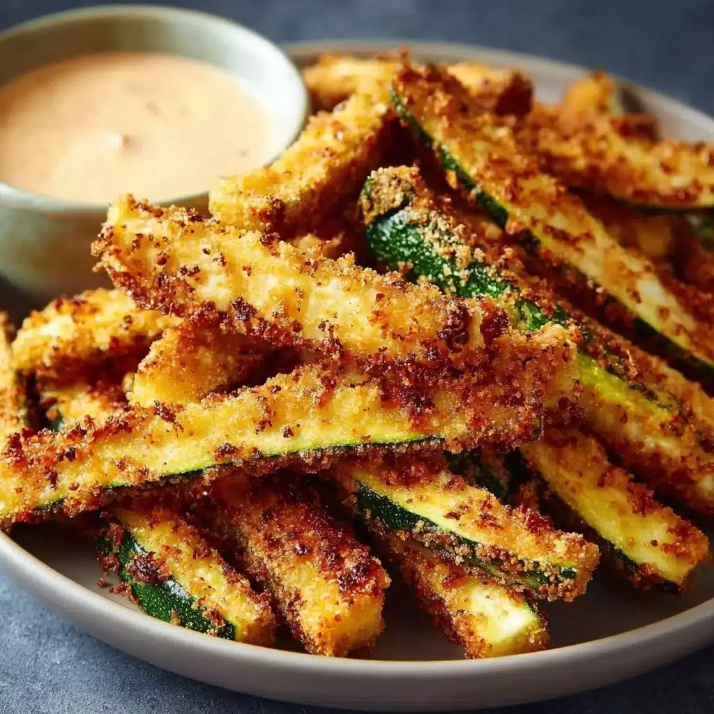 Crispy baked keto zucchini fries served on a plate with dipping sauce