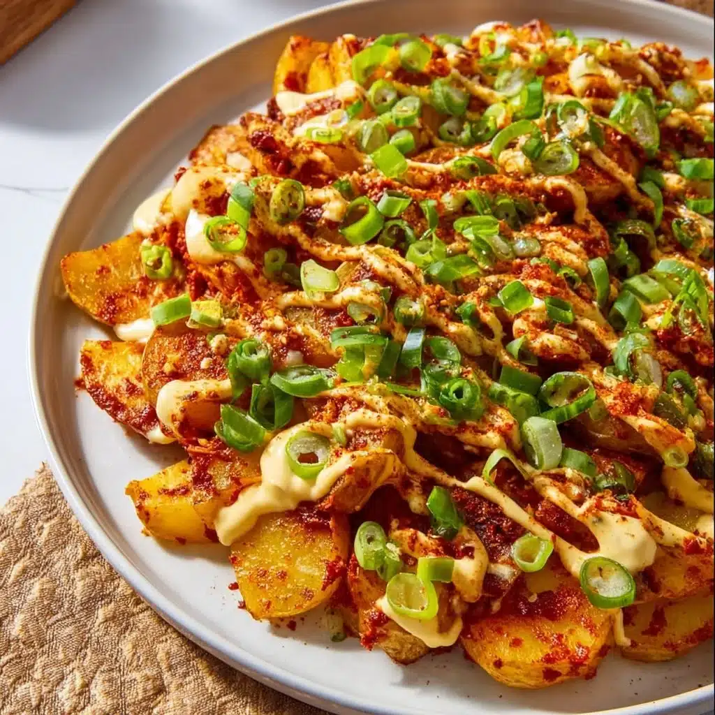 A bowl of crispy gochujang potato salad topped with herbs and spices