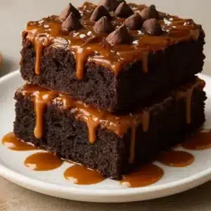 Decadent chocolate caramel brownies topped with smooth caramel drizzle.