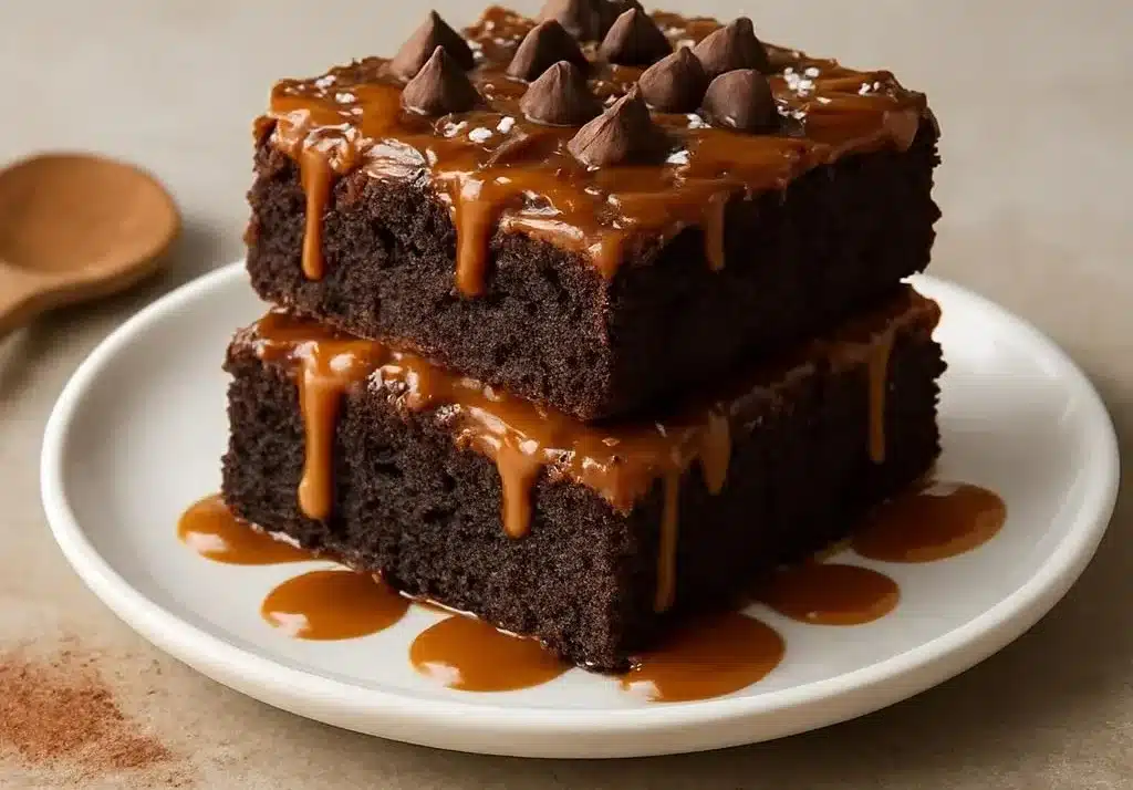 Decadent chocolate caramel brownies topped with smooth caramel drizzle.