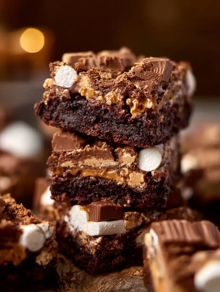 Decadent Reese's marshmallow brownies topped with melted chocolate and marshmallow fluff.