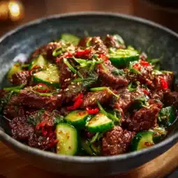 Spicy Keto Korean Beef served with a cucumber salad