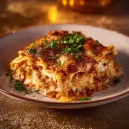 Delicious dumpling lasagna layered with savory ingredients and cheesy goodness.