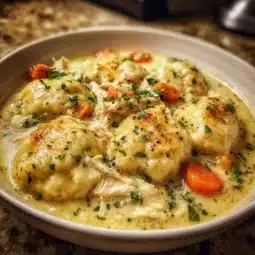 Bowl of easy chicken and dumplings garnished with parsley
