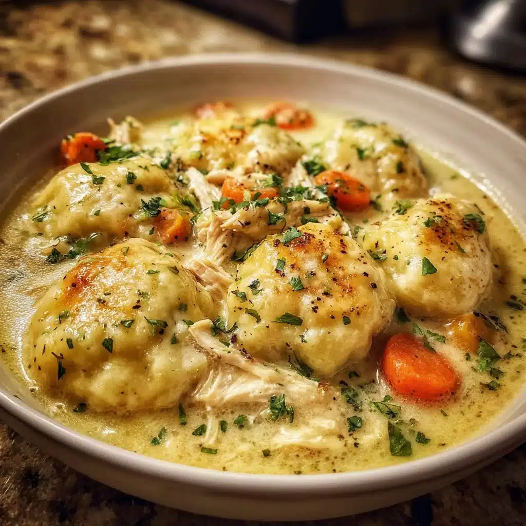 Bowl of easy chicken and dumplings garnished with parsley