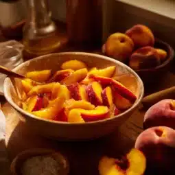 Delicious easy peach cobbler fresh from the oven with golden crust