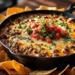 A bowl of Easy Texas Trash Dip served with tortilla chips.