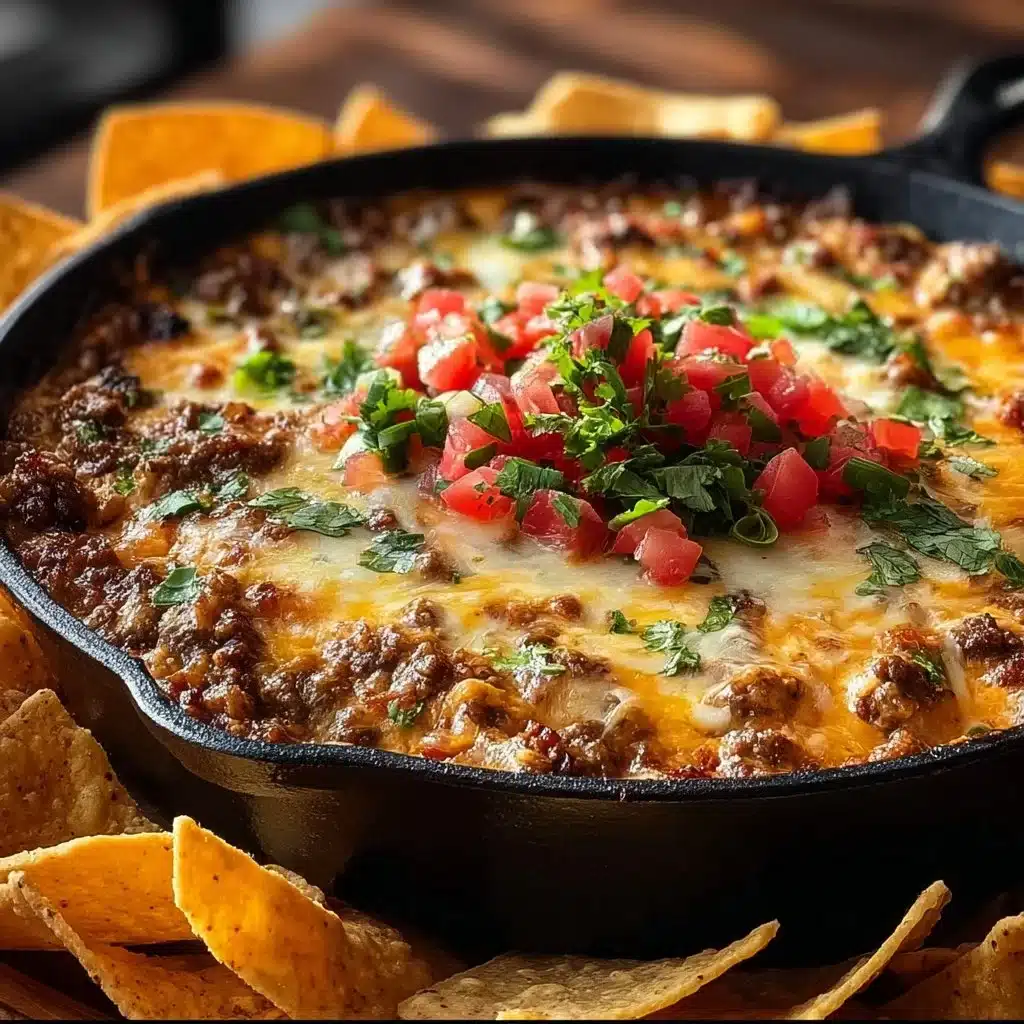 A bowl of Easy Texas Trash Dip served with tortilla chips.