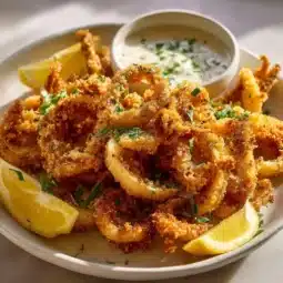 Plate of easy vegan calamari garnished with lemon and herbs