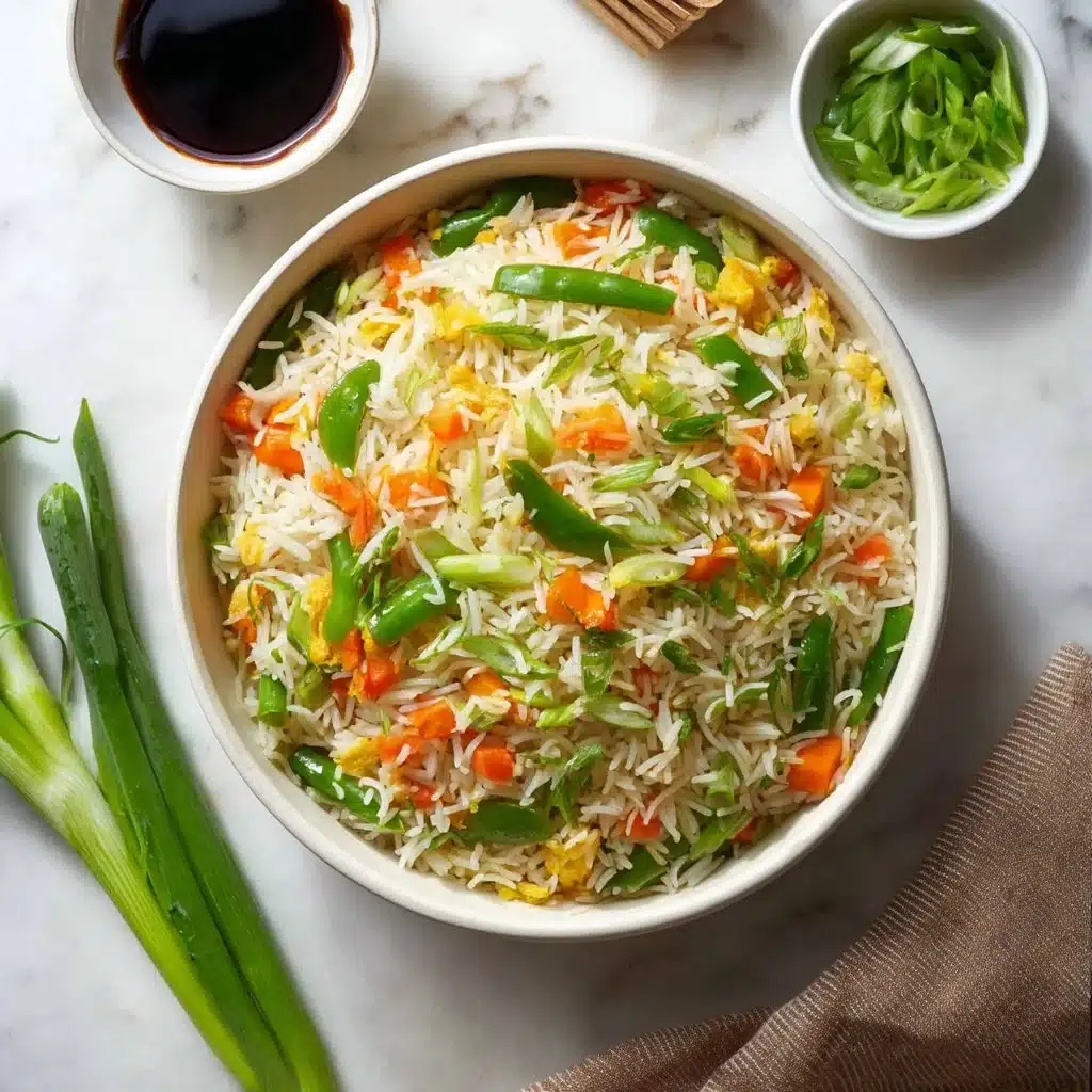 Bowl of flavorful vegetable fried rice with colorful vegetables and herbs