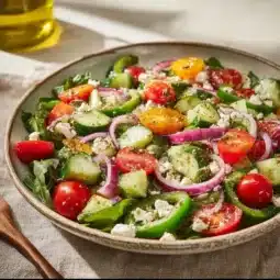 Delicious fresh Greek Easter salad with colorful vegetables and feta cheese