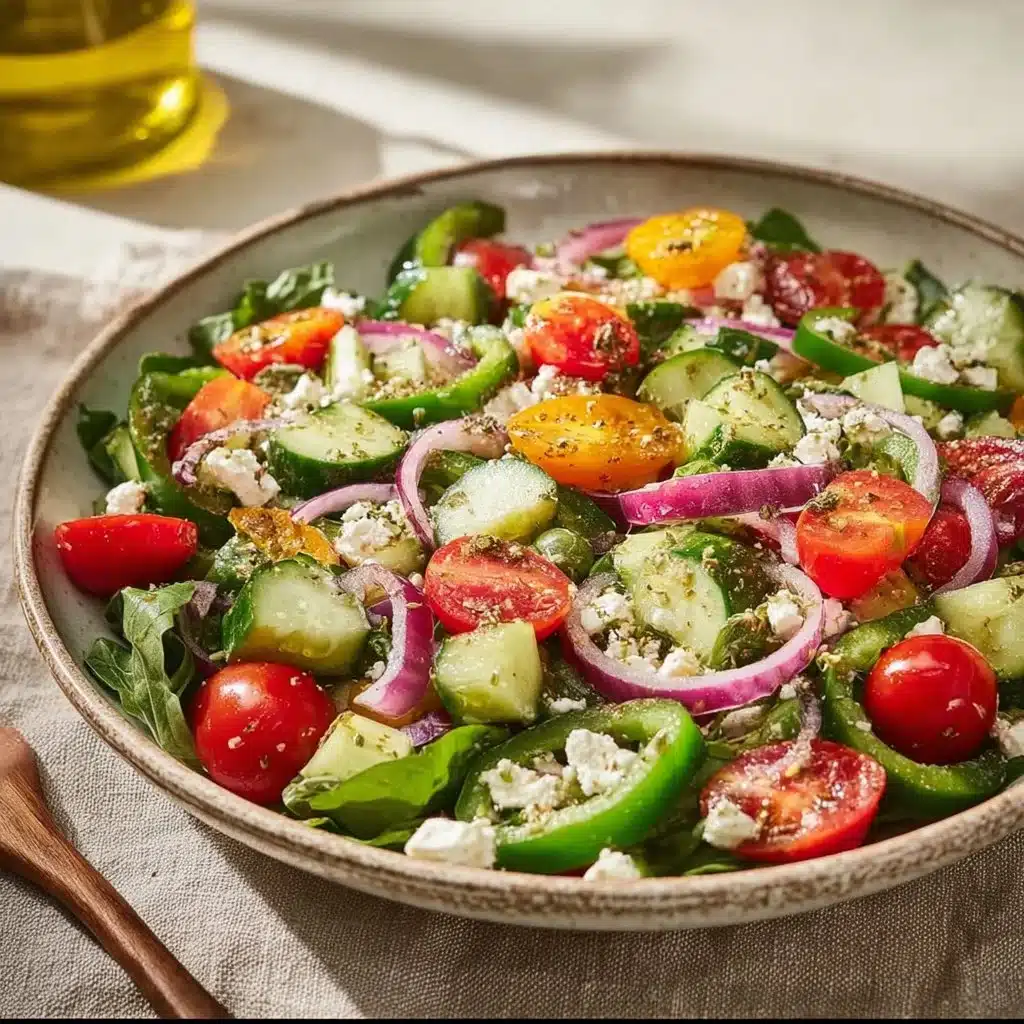 Delicious fresh Greek Easter salad with colorful vegetables and feta cheese