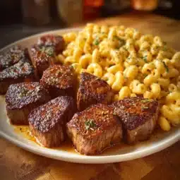 Delicious Garlic Butter Steak Tips served with creamy mozzarella rigatoni