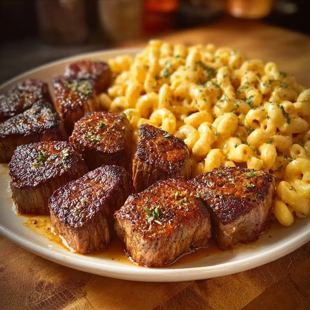 Delicious Garlic Butter Steak Tips served with creamy mozzarella rigatoni