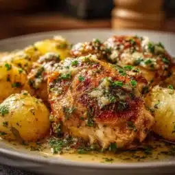 Delicious Garlic Parmesan Chicken with Potatoes cooked in a crockpot.