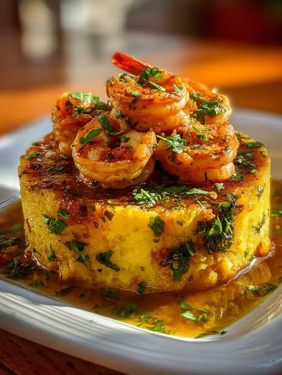 A plate of Garlic Shrimp Mofongo, featuring delicious shrimp over mashed plantains.
