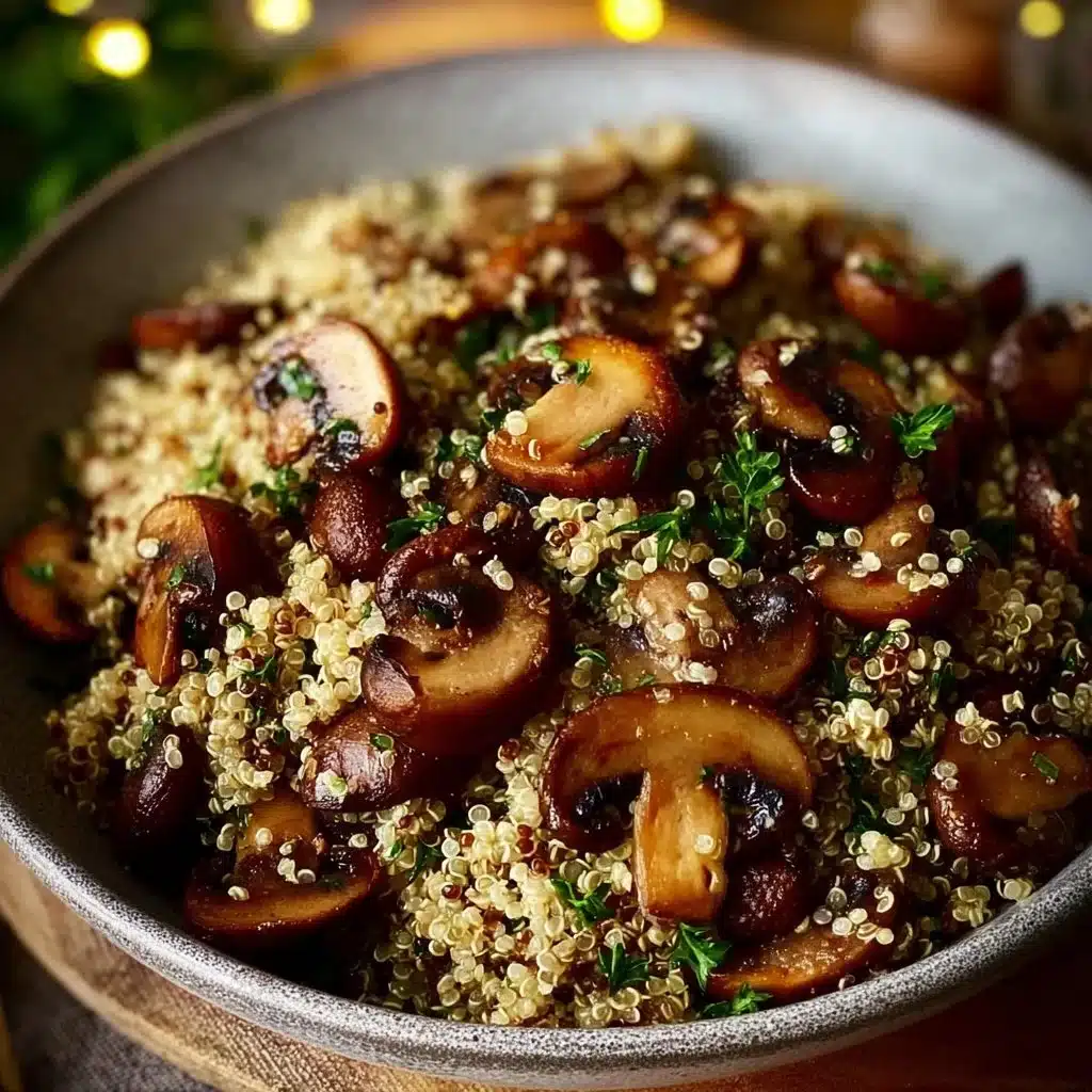 A bowl of garlicky mushroom quinoa garnished with fresh herbs.