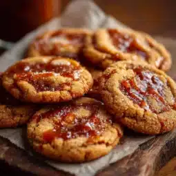 Gochujang caramel cookies on a plate with a drizzle of caramel