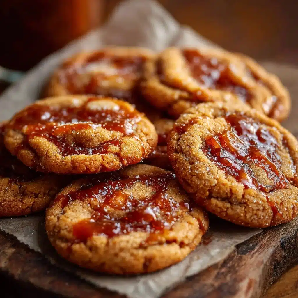 Gochujang caramel cookies on a plate with a drizzle of caramel
