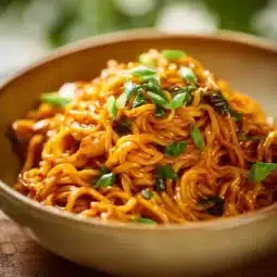 Bowl of Gochujang Peanut Noodles topped with chicken and fresh vegetables