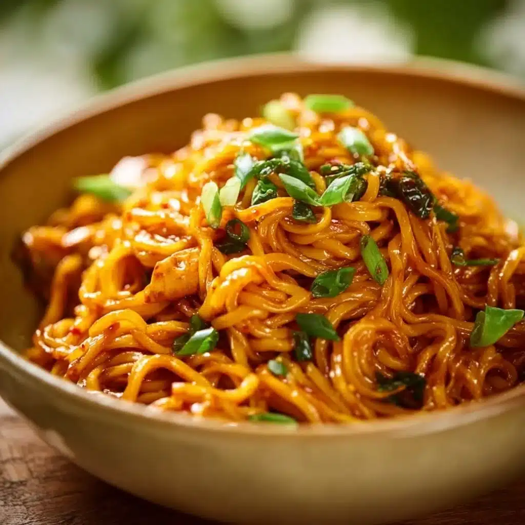 Bowl of Gochujang Peanut Noodles topped with chicken and fresh vegetables