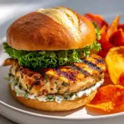 Greek-inspired chicken burgers garnished with feta and herbs