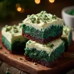 Green Velvet Brownies topped with creamy cream cheese frosting on a plate