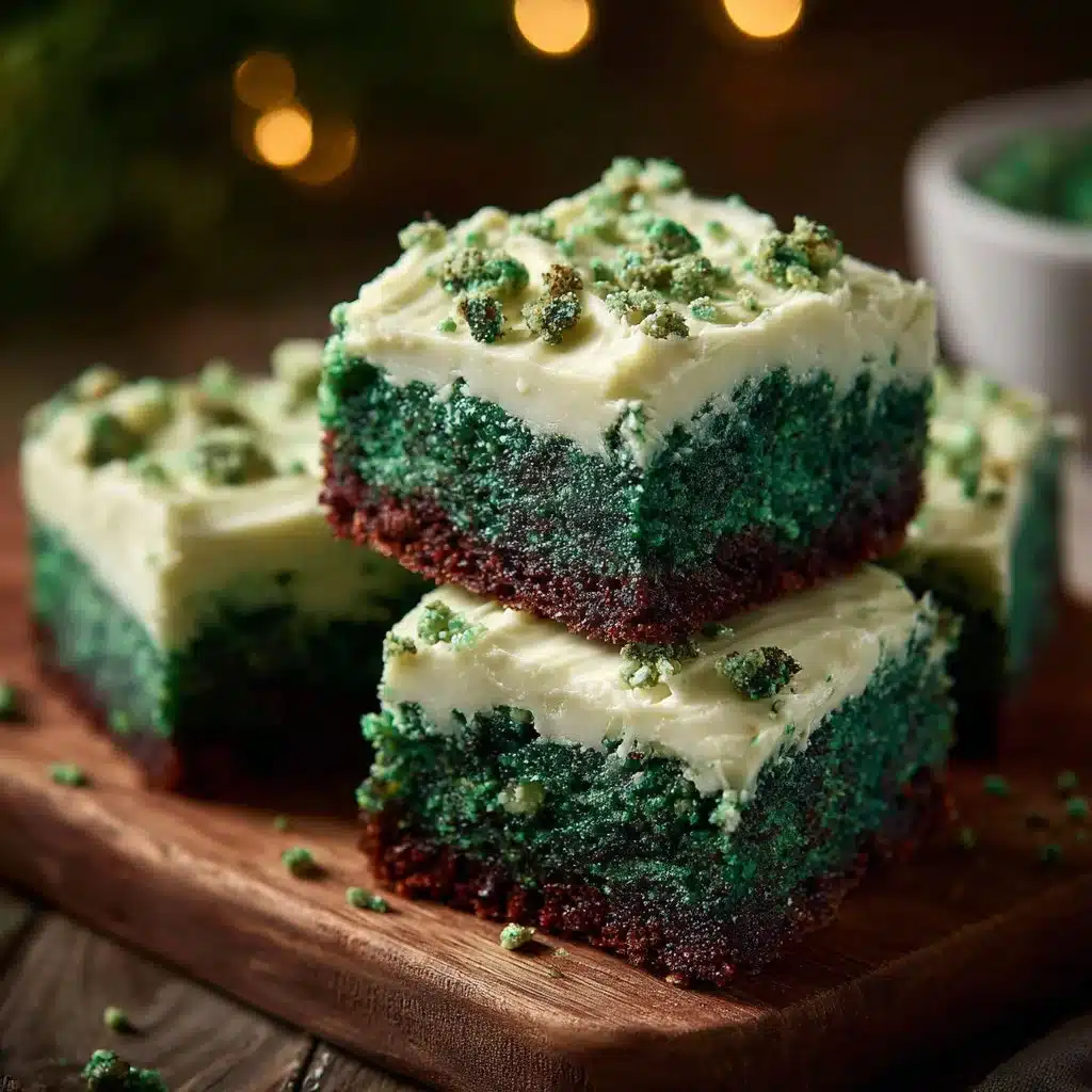 Green Velvet Brownies topped with creamy cream cheese frosting on a plate