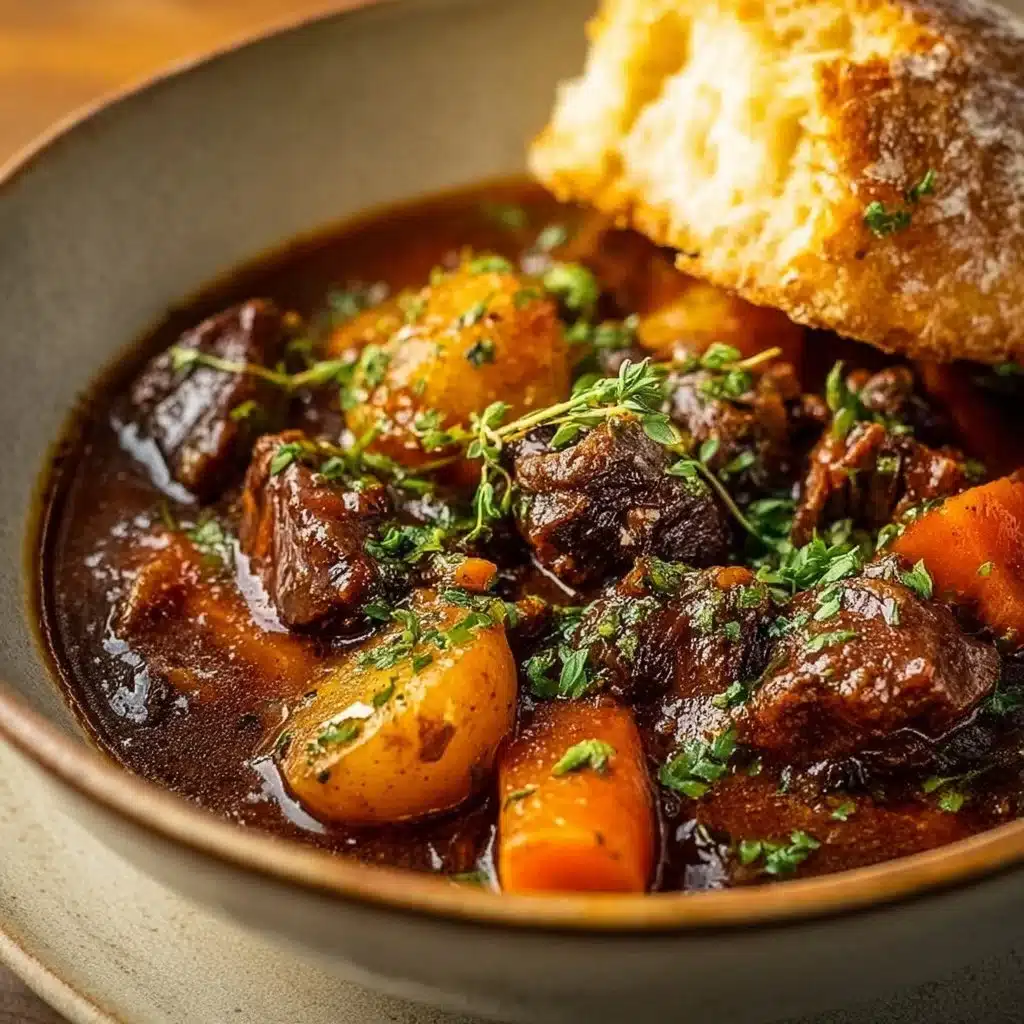 Bowl of Guinness beef stew with tender meat and vegetables
