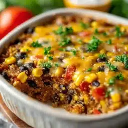 Healthy quinoa and black bean casserole garnished with fresh herbs
