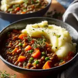 Hearty lentil stew served in a bowl with creamy mashed potatoes on the side.