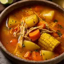 Bowl of hearty Mexican Chicken Soup garnished with cilantro and lime