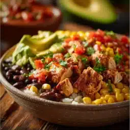 High-protein chicken burrito bowl topped with fresh ingredients