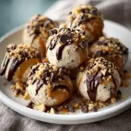 High protein frozen peanut butter Greek yogurt bites served in a bowl