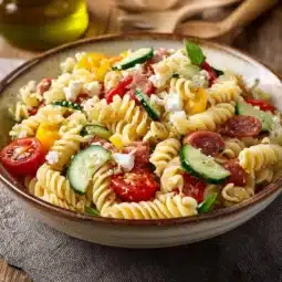 High protein Italian pasta salad with fresh vegetables and dressing