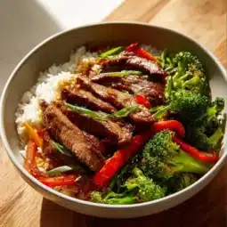 Honey Soy Beef Rice Bowls with tender beef and vegetables over rice