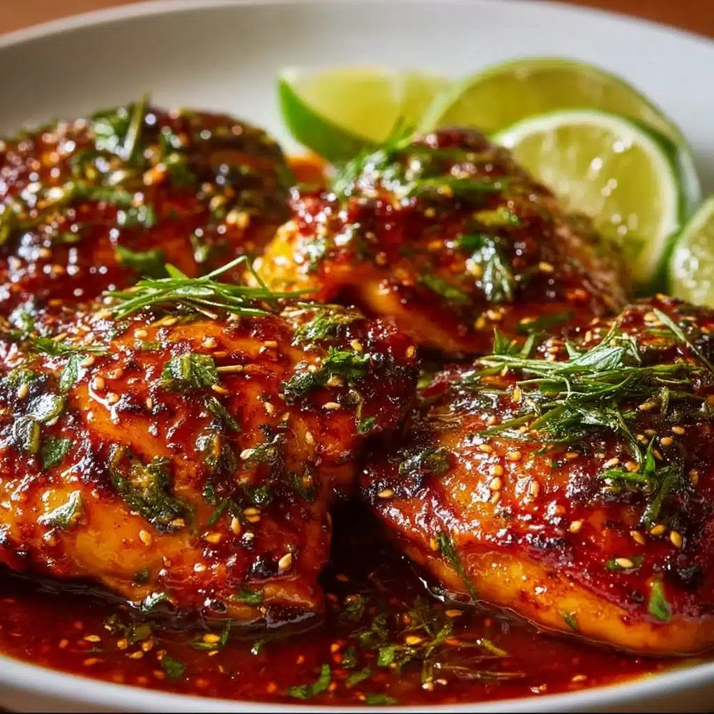 Delicious Honey Sriracha Chicken garnished with fresh herbs on a plate.