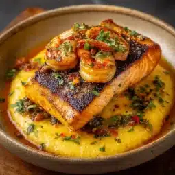Plate of Hot Honey Salmon and Shrimp served over creamy grits.