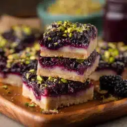 Homemade blackberry pistachio dream bars topped with fresh berries and nuts.
