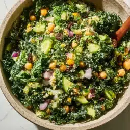 Healthy Kale Quinoa Salad topped with vegetables and dressing
