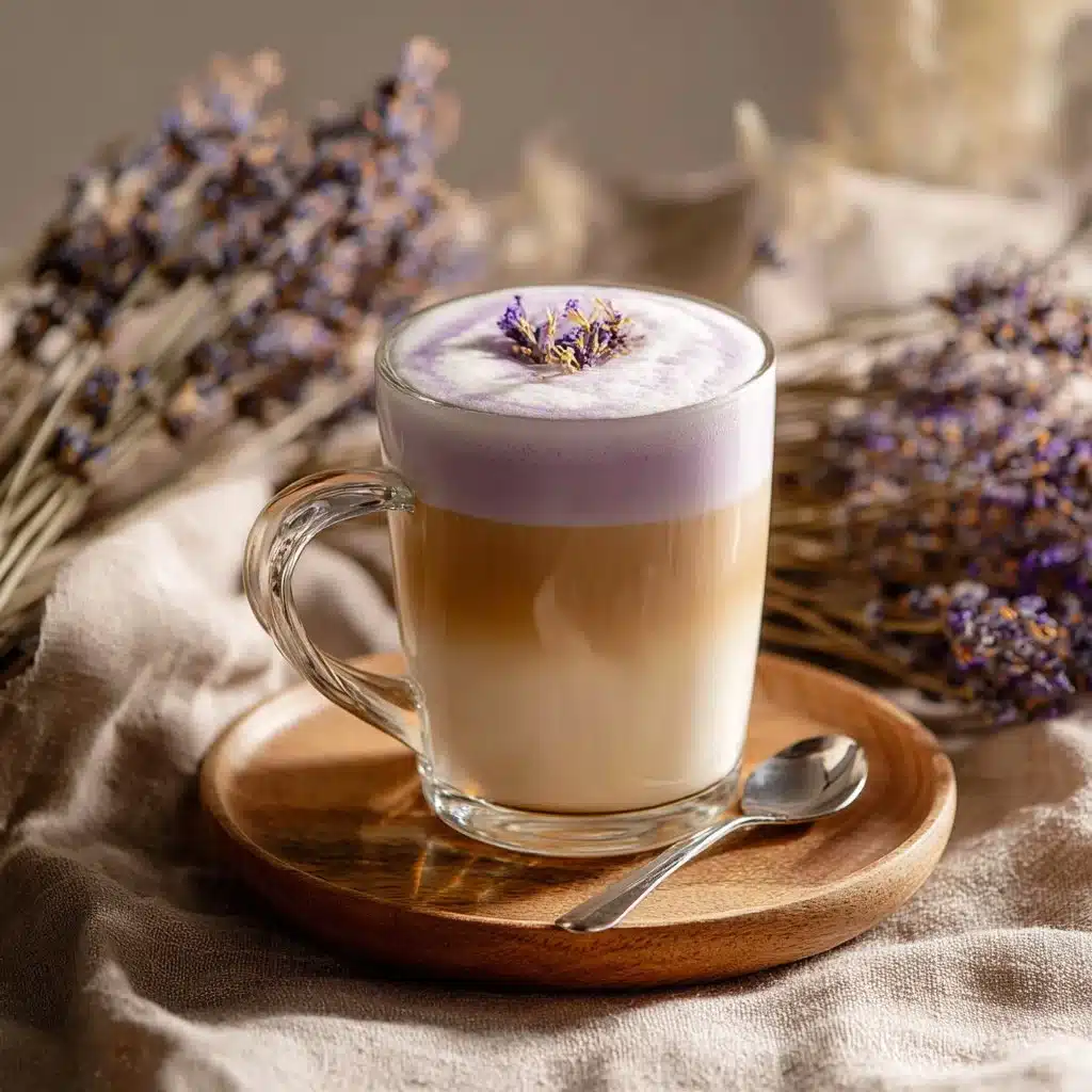 A delicious Lavender Honey Latte with lavender sprigs and honey drizzle