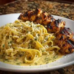 Plate of Lemon Garlic Chicken with Garlic Parmesan Cream Linguine