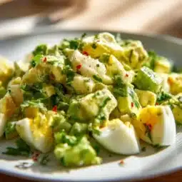 Mediterranean Avocado Egg Salad served in a bowl with fresh ingredients