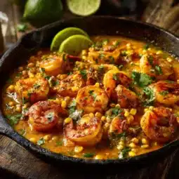 Mexican street corn topped with shrimp and creamy feta cheese sauce