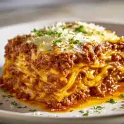Baked Million Dollar Spaghetti topped with cheese and herbs, ready to serve.