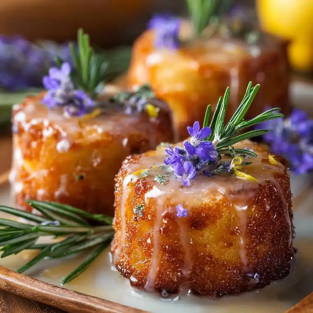 Mini lemon cakes topped with a lavender glaze for a refreshing dessert.